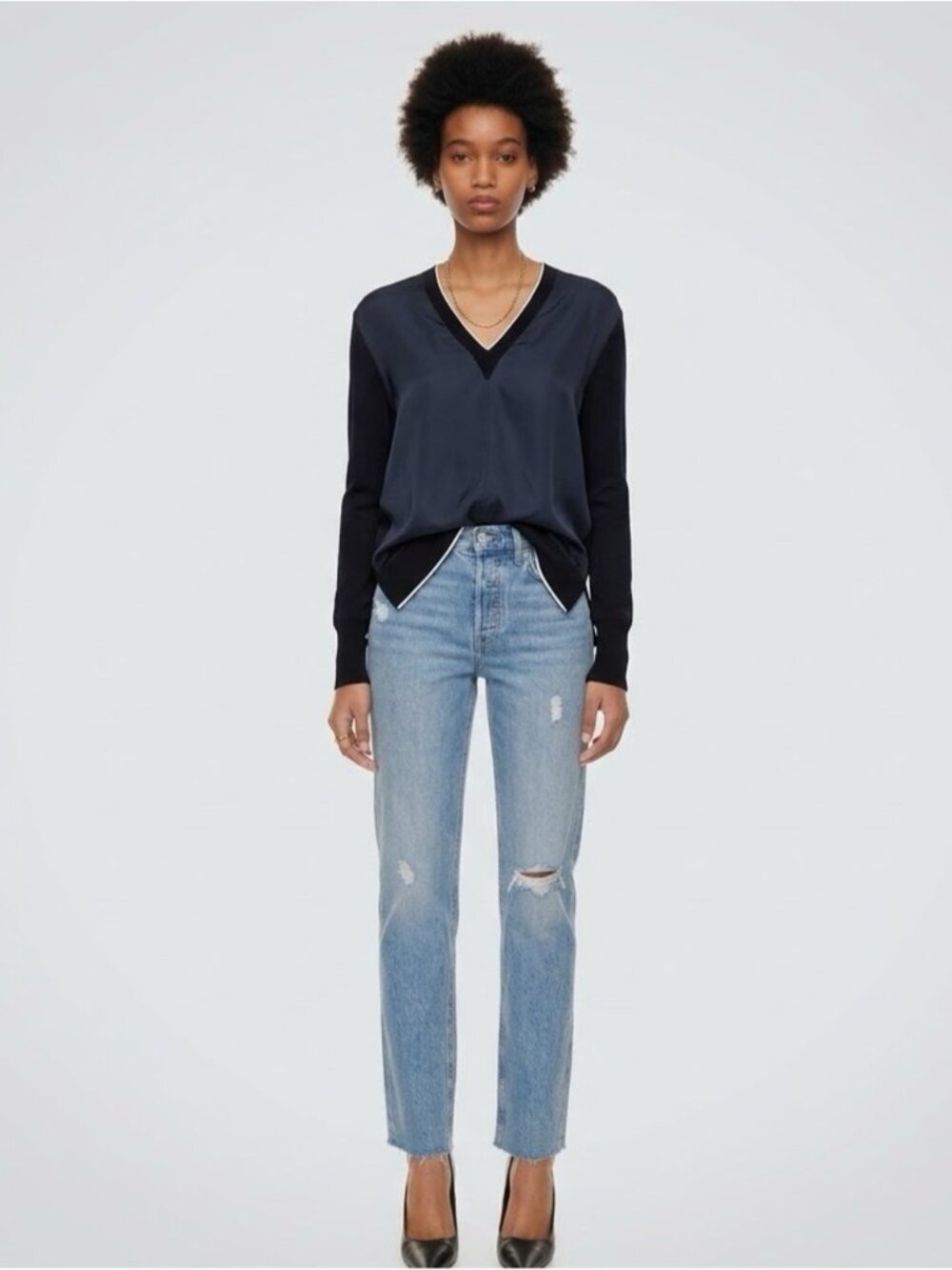 Rag & Bone Black Silk V-Neck Pullover Top White Trim Semi Mesh Sleeves loose med